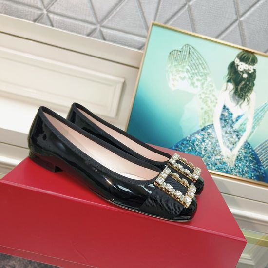 Roger Viver Rhinestone Buckle Leather Flat Ballet Shoes