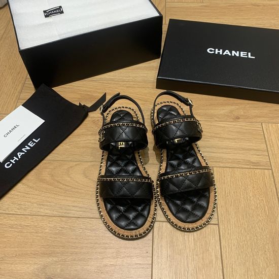 Chanel Chain Decor Flat Sandals Slimming Comfortable Leather Sole Shoes