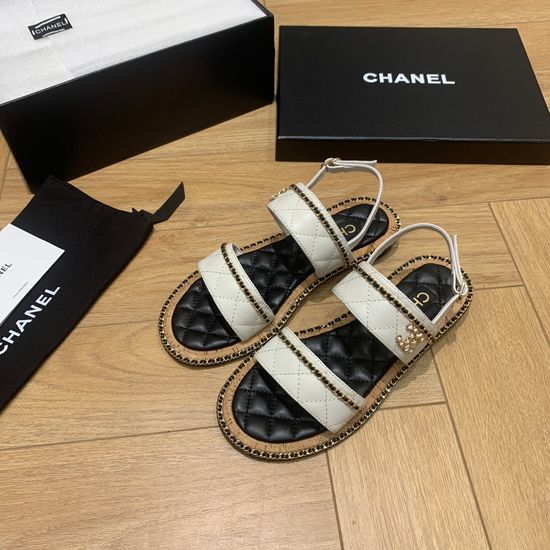 Chanel Chain Decor Flat Sandals Slimming Comfortable Leather Sole Shoes