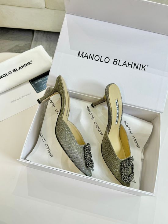 Manolo Blahnik Glitter High Heel Shoes with Rhinestone Buckle Sheepskin Lining