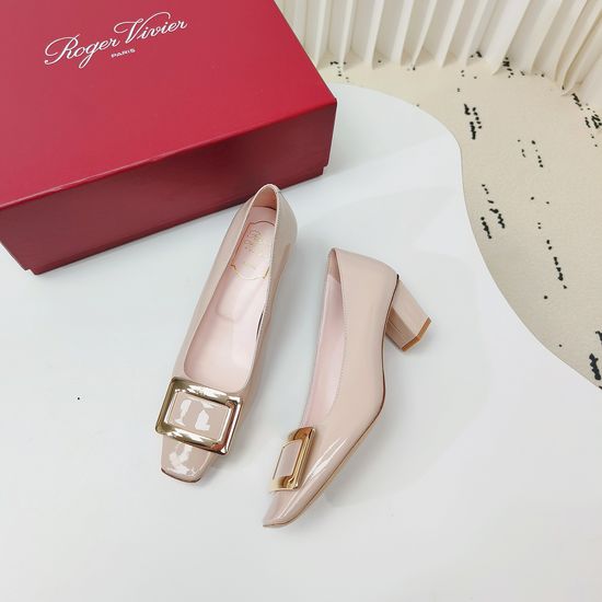 Roger Viver Dusty Pink Square Buckle Block Heel Pumps Premium Leather