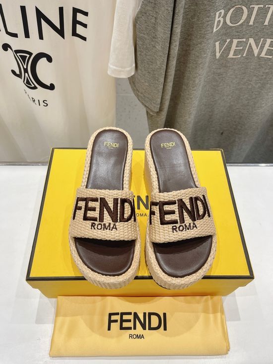 Fendi Woven Upper Wedge Slide Sandals Soft Lining Comfortable Footwear