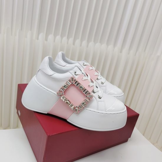 Roger Viver RV Rhinestone Buckle Leather Platform Elevator White Sneakers