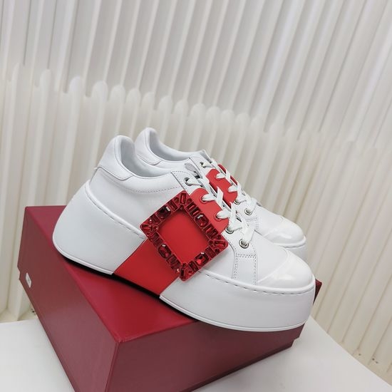 Roger Viver RV Rhinestone Buckle Leather Platform Elevator White Sneakers