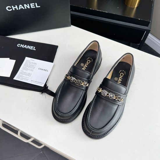 Chanel Retro Style Leather Loafers with Metal Buckle