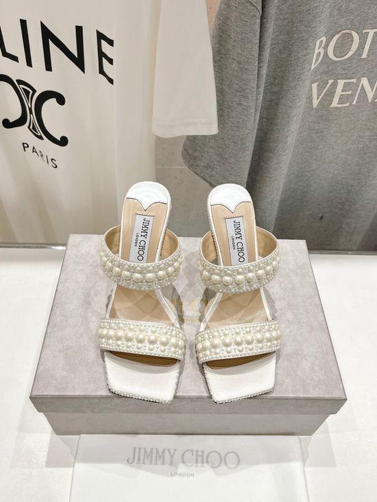 Jimmy Choo Elegant Pearl Chunky Heel Slides Comfortable Soft Lining