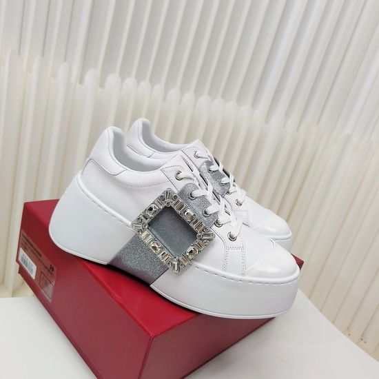 Roger Viver RV Rhinestone Buckle Leather Platform Elevator White Sneakers