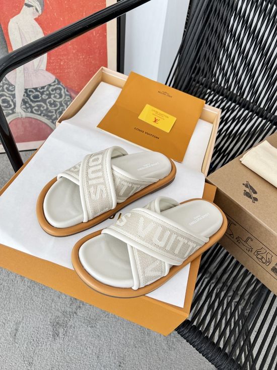 Louis Vuitton Premium Leather Logo Print Comfort Slides