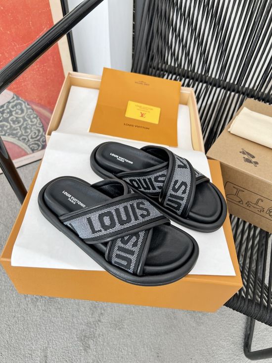Louis Vuitton Premium Leather Logo Print Comfort Slides