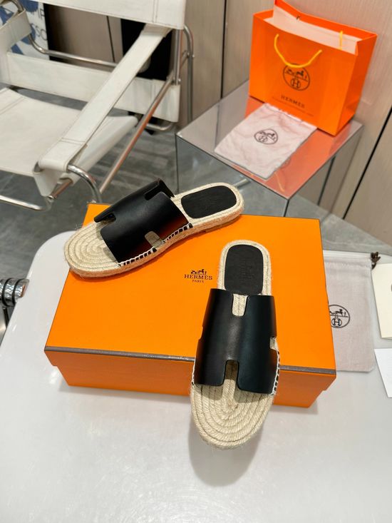 Hermes Woven Strap Genuine Leather Sole Casual Slide Slippers