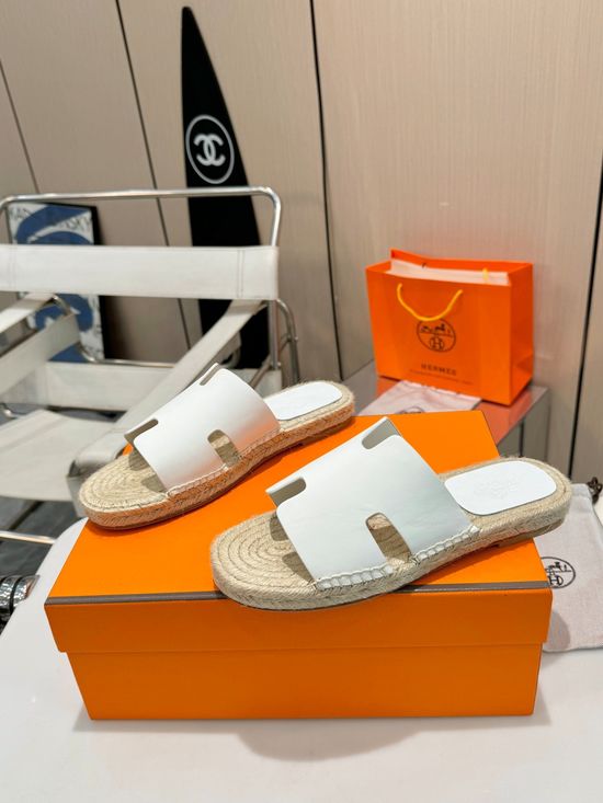 Hermes Woven Strap Genuine Leather Sole Casual Slide Slippers