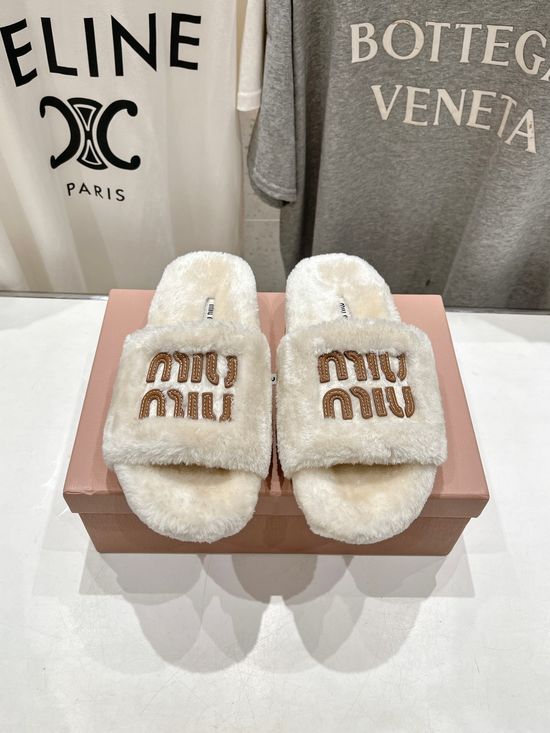 Miu Miu Soft Lamb Wool Closed Toe House Slippers Warm Cozy Lightweight