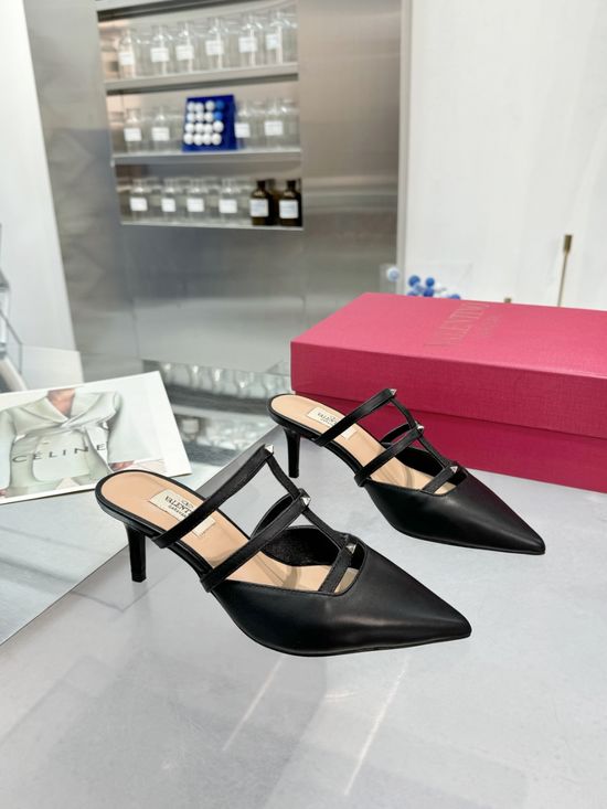 Valentino V-Buckle Mid-Heel Leather Pumps Elegant Comfortable Shoes