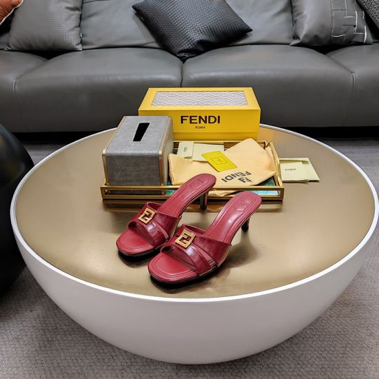 Fendi Embossed Leather Sandals with Metal Buckle Low Heel Casual Footwear