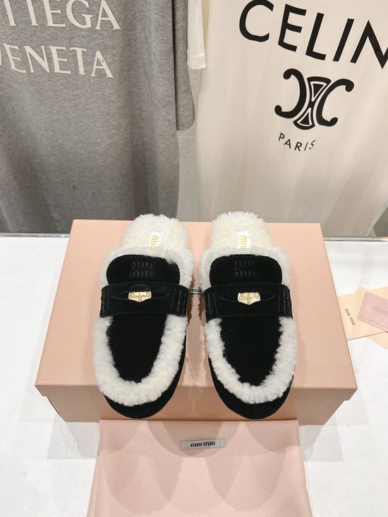 Miu Miu Classic Cozy Fuzzy Slip On Loafer Mule Slippers