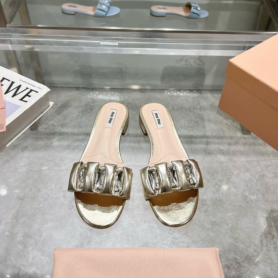 Miu Miu Rhinestone Embellished Slide Sandals Soft Sheepskin Upper