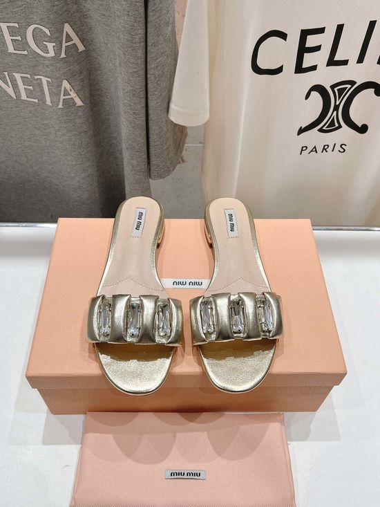 Miu Miu Rhinestone Embellished Flat Sandals with Soft Leather Upper
