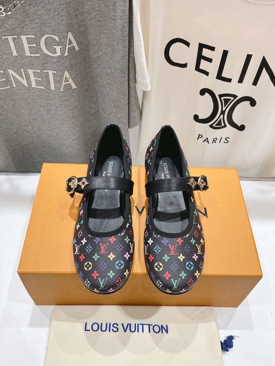 Louis Vuitton Elegant Leather Mary Jane Flats With Classic Printed Details
