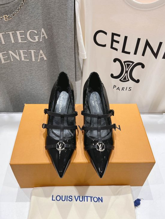 Louis Vuitton Elegant Printed Leather Mary Jane Heels Comfortable Sole