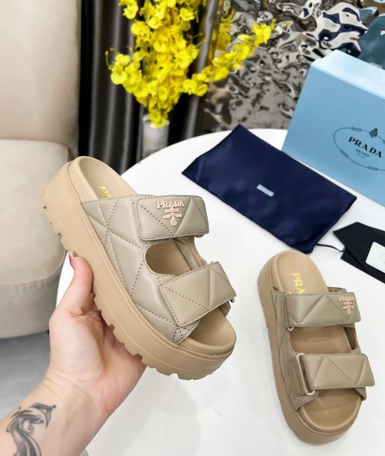 Prada Platform Slip On Slides Soft Leather Comfortable Height Boosting