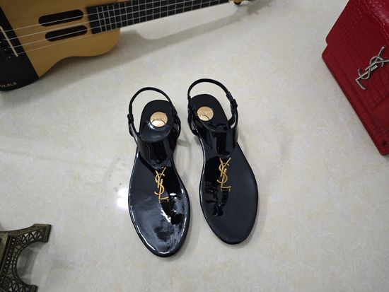 Yves Saint Laurent Rhinestone Buckle Flat Slide Sandals Premium Leather