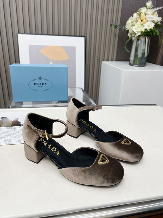Prada Comfortable Chunky Heel Mary Jane Shoes with Triangle Buckle