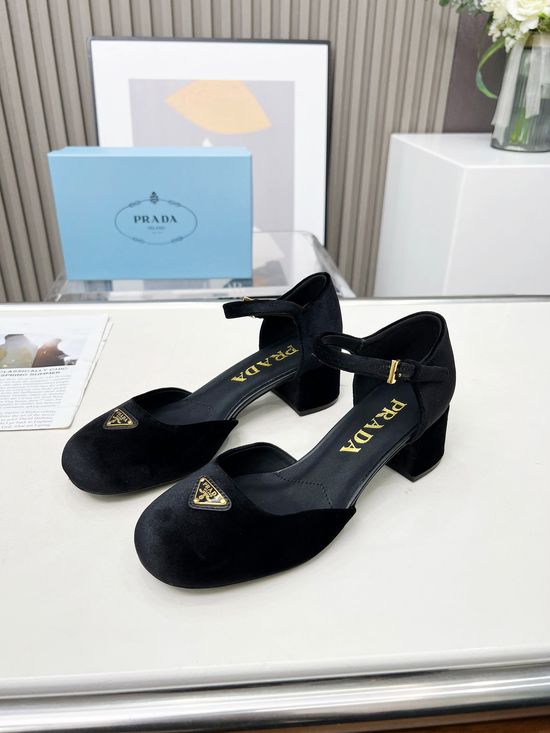 Prada Comfortable Chunky Heel Mary Jane Shoes with Triangle Buckle