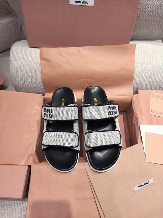Miu Miu Canvas Leather Flat Sandals Comfortable Casual Slip On Shoes