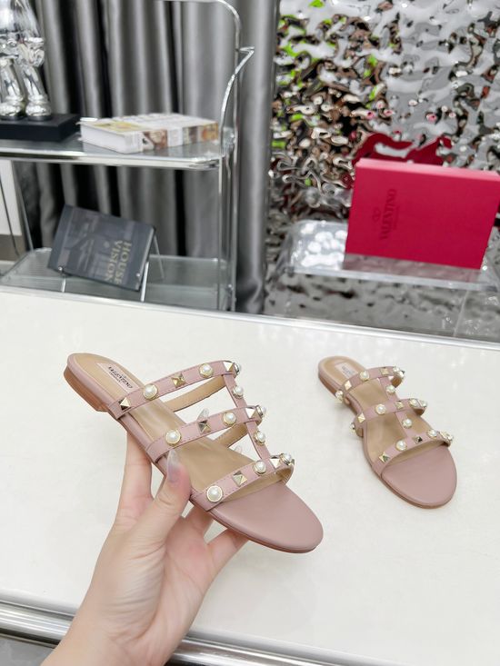 Valentino Pearl Decor Leather Classic Sandals with Full Packaging