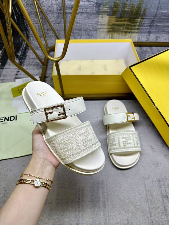 Fendi Dual Strap Flat Slide Sandals with Decorative Buckle