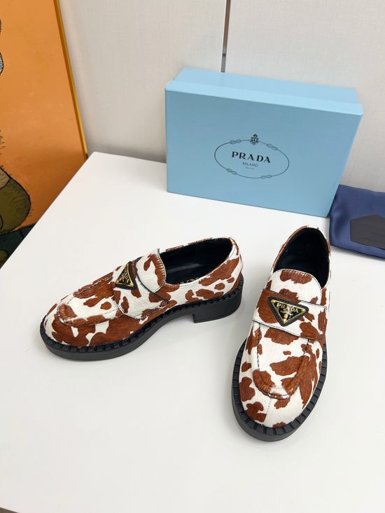 Prada Cow Print Platform Loafers Casual Comfortable Leather Shoes