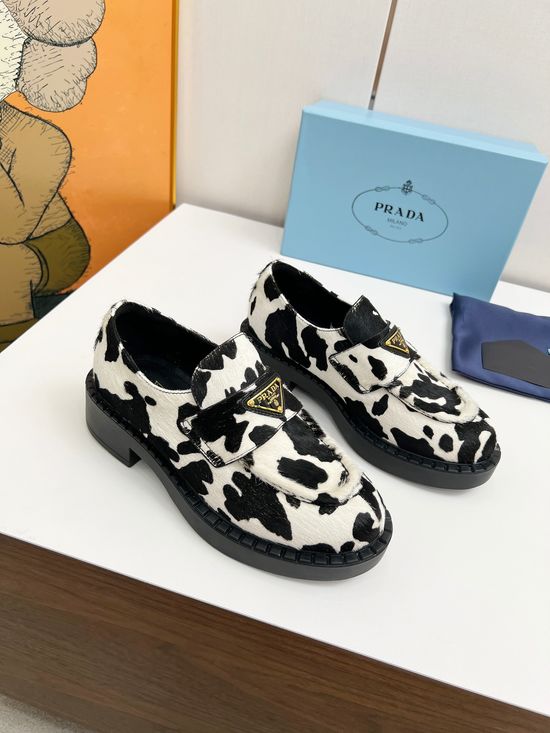 Prada Cow Print Platform Loafers Casual Comfortable Leather Shoes
