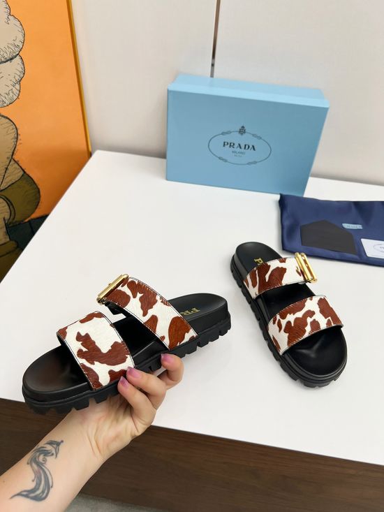 Prada Cow Print Leather Casual Shoes with Signature Badge