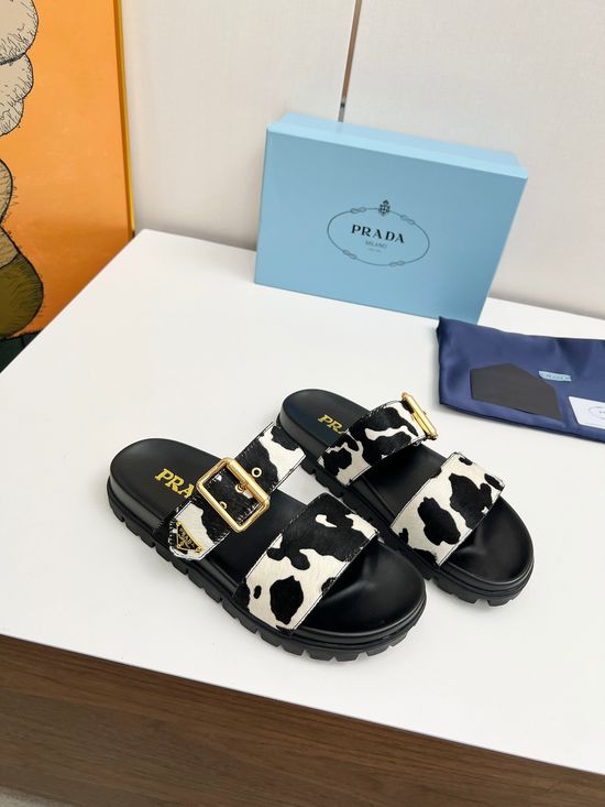 Prada Cow Print Leather Casual Shoes with Signature Badge
