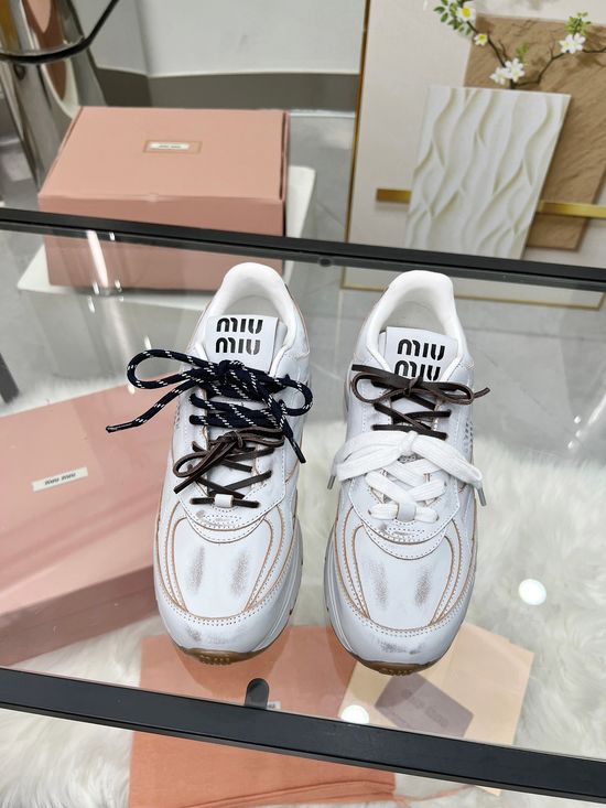 Miu Miu Vintage Leather Chunky Sneakers Soft Height Boosting Comfort Shoes