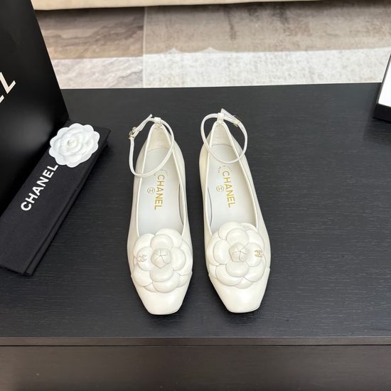 Chanel Camellia Decor Square Toe Leather Flat Mary Jane Shoes