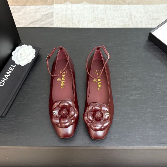 Chanel Camellia Decor Square Toe Leather Flat Mary Jane Shoes