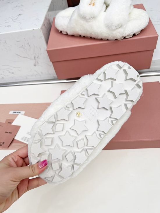 Miu Miu Wool Casual Slippers Leather Logo TPU Non Slip Sole
