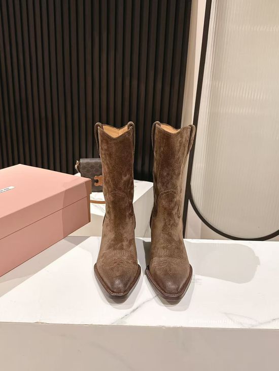 Miu Miu Soft Leather Western Cowboy Boots with Chunky Sole