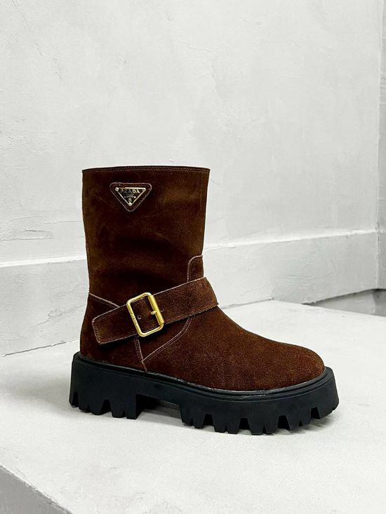 Prada Classic Logo Leather Warm Slim Fit Fashion Ankle Boots