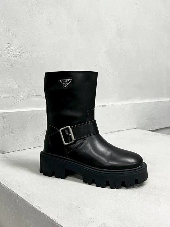 Prada Premium Leather Slim Logo Decor Comfortable Fashion Ankle Boots