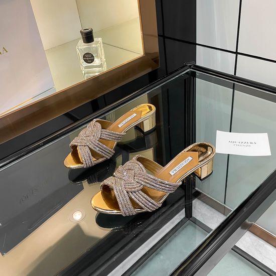 Aquazzura Rhinestone Embellished Low Block Heel Slides
