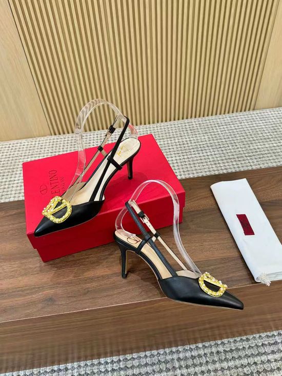Valentino Buckle Decor Open Toe Sandals Premium Leather Comfortable Mid Heel