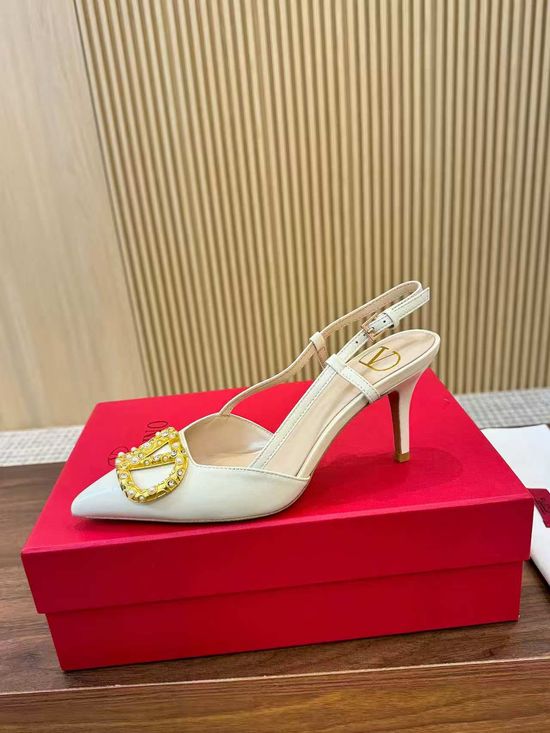Valentino Buckle Decor Open Toe Sandals Premium Leather Comfortable Mid Heel