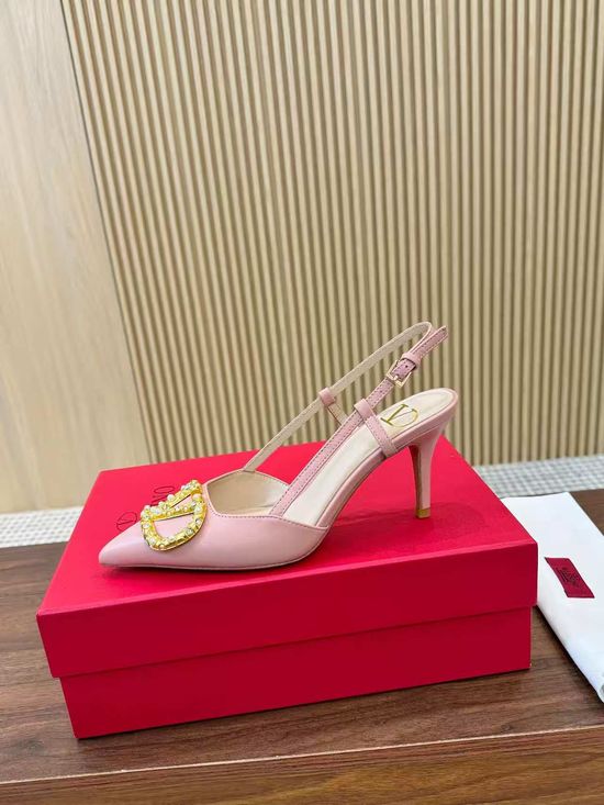 Valentino Buckle Decor Open Toe Sandals Premium Leather Comfortable Mid Heel