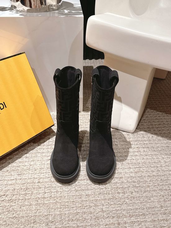 Fendi Suede Leather Embossed Knee High Biker Boots Comfortable