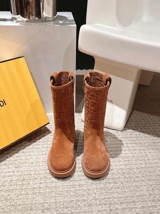 Fendi Suede Leather Embossed Knee High Biker Boots Comfortable