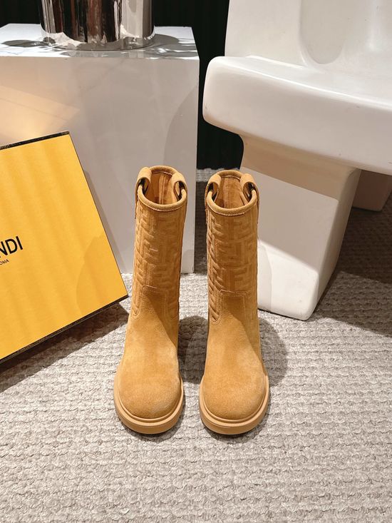 Fendi Suede Leather Embossed Knee High Biker Boots Comfortable