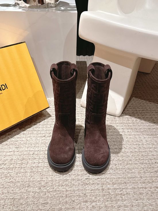 Fendi Suede Leather Embossed Knee High Biker Boots Comfortable