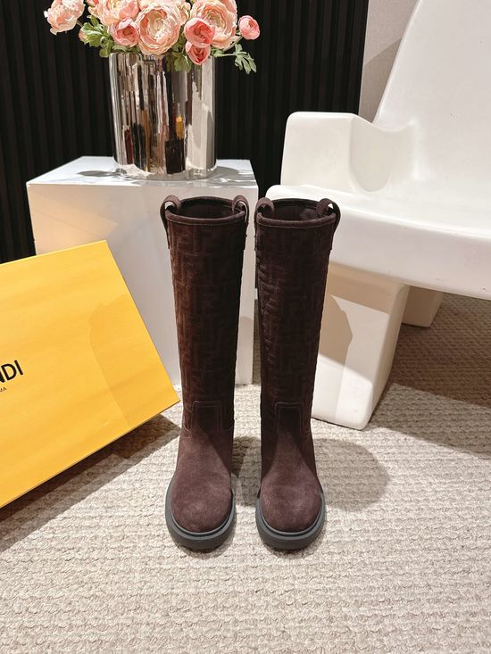 Fendi Suede Embossed Chunky Heel Ankle Boots